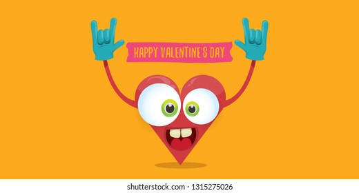 vector graphic creative happy valentines day horizontal banner with cartoon pink heart character and calligraphic text on orange background with hearts. rock n roll valentines day party poster 