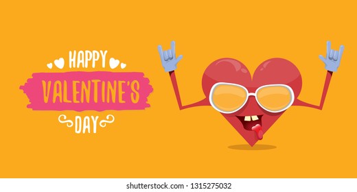 vector graphic creative happy valentines day horizontal banner with cartoon pink heart character and calligraphic text on orange background with hearts. rock n roll valentines day party poster 