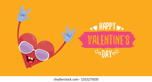 vector graphic creative happy valentines day horizontal banner with cartoon pink heart character and calligraphic text on orange background with hearts. rock n roll valentines day party poster 