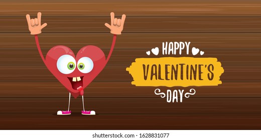 vector graphic creative happy valentines day horizontal banner with cartoon pink heart character and calligraphic text on wooden background. rock n roll valentines day party concept poster