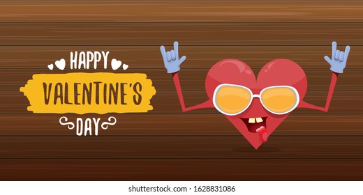 vector graphic creative happy valentines day horizontal banner with cartoon pink heart character and calligraphic text on wooden background. rock n roll valentines day party concept poster