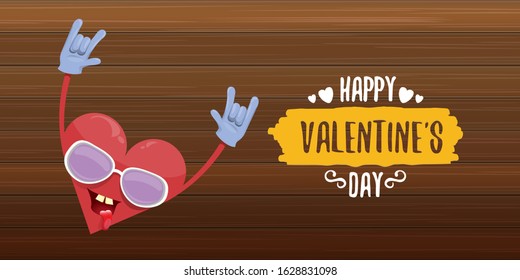 vector graphic creative happy valentines day horizontal banner with cartoon pink heart character and calligraphic text on wooden background. rock n roll valentines day party concept poster