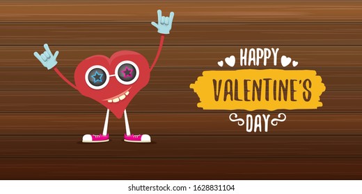 vector graphic creative happy valentines day horizontal banner with cartoon pink heart character and calligraphic text on wooden background. rock n roll valentines day party concept poster