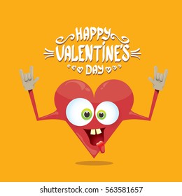 vector graphic creative happy valentines day card with cartoon heart character and and  calligraphic text on orange background. rock n roll valentines day party concept poster design template