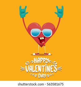 vector graphic creative happy valentines day card with cartoon heart character and and  calligraphic text on orange background. rock n roll valentines day party concept poster design template