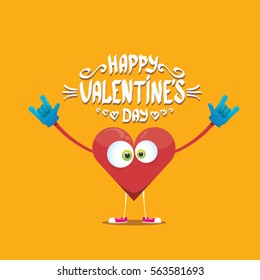 vector graphic creative happy valentines day card with cartoon heart character and and  calligraphic text on orange background. rock n roll valentines day party concept poster design template