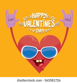 vector graphic creative happy valentines day card with cartoon heart character and and  calligraphic text on orange background. rock n roll valentines day party concept poster design template