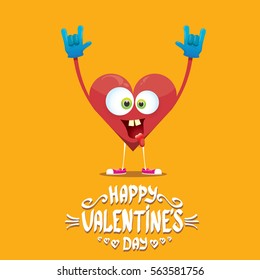 vector graphic creative happy valentines day card with cartoon heart character and and  calligraphic text on orange background. rock n roll valentines day party concept poster design template