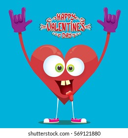 vector graphic creative happy valentines day card with cartoon heart character and and calligraphic text on blue background. rock n roll valentines day party concept poster design template