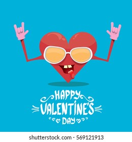 vector graphic creative happy valentines day card with cartoon heart character and and calligraphic text on blue background. rock n roll valentines day party concept poster design template
