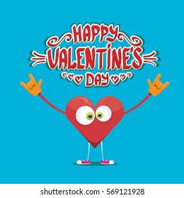 vector graphic creative happy valentines day card with cartoon heart character and and calligraphic text on blue background. rock n roll valentines day party concept poster design template