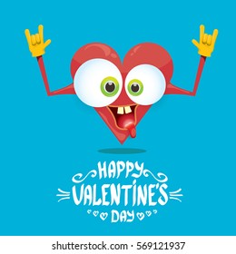 vector graphic creative happy valentines day card with cartoon heart character and and calligraphic text on blue background. rock n roll valentines day party concept poster design template