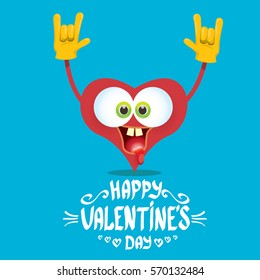 vector graphic creative happy valentines day card with cartoon heart character and and calligraphic text on blue background. rock n roll valentines day party concept poster design template