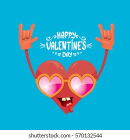 vector graphic creative happy valentines day card with cartoon heart character and and calligraphic text on blue background. rock n roll valentines day party concept poster design template