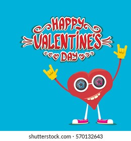 vector graphic creative happy valentines day card with cartoon heart character and and calligraphic text on blue background. rock n roll valentines day party concept poster design template