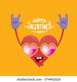 vector graphic creative happy valentines day card with cartoon heart character and and calligraphic text on orange background. rock n roll valentines day party concept poster design template