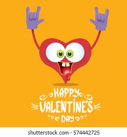 vector graphic creative happy valentines day card with cartoon heart character and and calligraphic text on orange background. rock n roll valentines day party concept poster design template