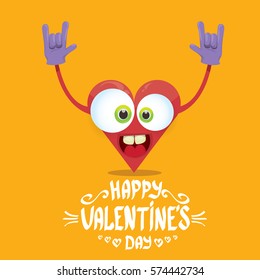 vector graphic creative happy valentines day card with cartoon heart character and and calligraphic text on orange background. rock n roll valentines day party concept poster design template