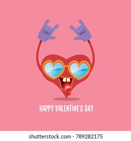 vector graphic creative happy valentines day card with cartoon red heart character and calligraphic text isolated on pink background. rock n roll valentines day party concept poster design template