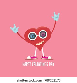 vector graphic creative happy valentines day card with cartoon red heart character and calligraphic text isolated on pink background. rock n roll valentines day party concept poster design template