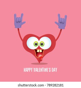 vector graphic creative happy valentines day card with cartoon red heart character and calligraphic text isolated on pink background. rock n roll valentines day party concept poster design template