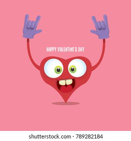 vector graphic creative happy valentines day card with cartoon red heart character and calligraphic text isolated on pink background. rock n roll valentines day party concept poster design template