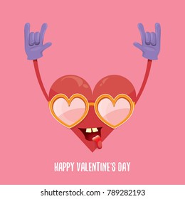 vector graphic creative happy valentines day card with cartoon red heart character and calligraphic text isolated on pink background. rock n roll valentines day party concept poster design template