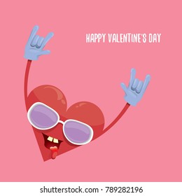 vector graphic creative happy valentines day card with cartoon red heart character and calligraphic text isolated on pink background. rock n roll valentines day party concept poster design template