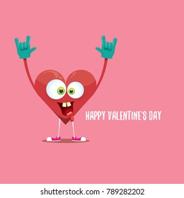 vector graphic creative happy valentines day card with cartoon red heart character and calligraphic text isolated on pink background. rock n roll valentines day party concept poster design template