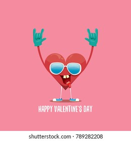 vector graphic creative happy valentines day card with cartoon red heart character and calligraphic text isolated on pink background. rock n roll valentines day party concept poster design template