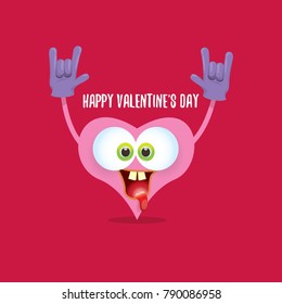 vector graphic creative happy valentines day card with cartoon pink heart character and calligraphic text isolated on red background. rock n roll valentines day party concept poster design template