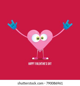 vector graphic creative happy valentines day card with cartoon pink heart character and calligraphic text isolated on red background. rock n roll valentines day party concept poster design template
