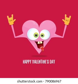 vector graphic creative happy valentines day card with cartoon pink heart character and calligraphic text isolated on red background. rock n roll valentines day party concept poster design template