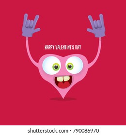 vector graphic creative happy valentines day card with cartoon pink heart character and calligraphic text isolated on red background. rock n roll valentines day party concept poster design template