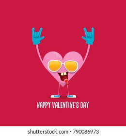 vector graphic creative happy valentines day card with cartoon pink heart character and calligraphic text isolated on red background. rock n roll valentines day party concept poster design template