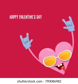 vector graphic creative happy valentines day card with cartoon pink heart character and calligraphic text isolated on red background. rock n roll valentines day party concept poster design template