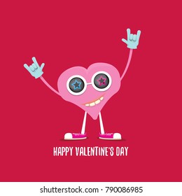vector graphic creative happy valentines day card with cartoon pink heart character and calligraphic text isolated on red background. rock n roll valentines day party concept poster design template
