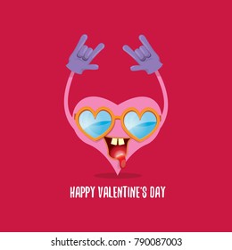 vector graphic creative happy valentines day card with cartoon pink heart character and calligraphic text isolated on red background. rock n roll valentines day party concept poster design template