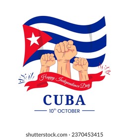 Gráfico vectorial del Día de la Independencia de Cuba para tarjeta de saludo con puño cerrado, fuegos artificiales y cinta adhesiva