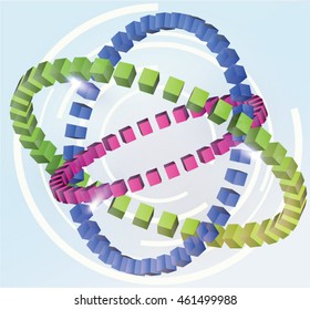 Vector graphic of the cubes arranged in circles, rotated around center, atom like structure with additional light effects.  