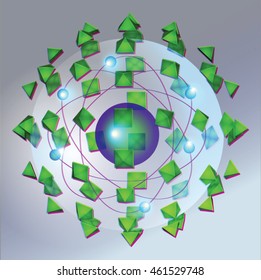 Vector graphic of the cubes arranged in circles, rotated around center, atom like structure with additional light effects.  