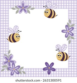 Vector graphic with cute bees and purple flowers on a checkered frame.Free space for text. Template for invitations, greetings, social media posts and advertising.