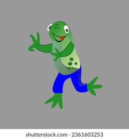 Vector graphic of a cute cartoon illustration of a frog standing smiling while waving his hand. This frog vector is perfect for wallpaper, stickers, banners, templates, mascots and icons etc.