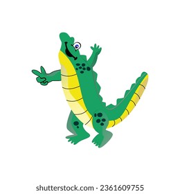 Vector graphic of a cute cartoon illustration of a crocodile standing with a waving hand. This crocodile vector is perfect for wallpaper, t-shirt designs, mascots, banners and stickers, etc.