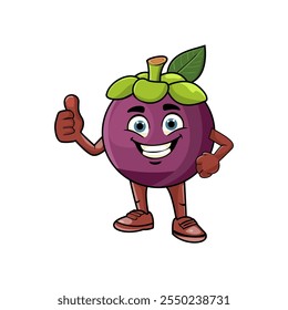 Vector graphic of a cute cartoon illustration of a mangosteen with a thumbs up style. This vector is perfect for backgrounds, banners, templates, stickers and wallpapers, branding etc.

