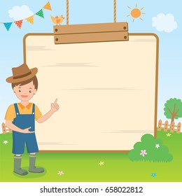 Vector graphic of a cute countryside boy  presenting on the wooden board on natural background.