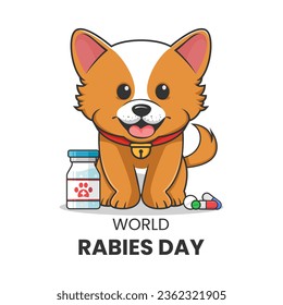 Vector graphic of cute dog sit with vaccine bottles, pills and capsules good for world rabies day design