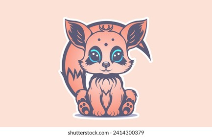 Vector graphic cute little beautiful foxy with big eyes. Anime kawaii baby forest animal toy. Childrens label or sticker. Delicate color. Isolated background.