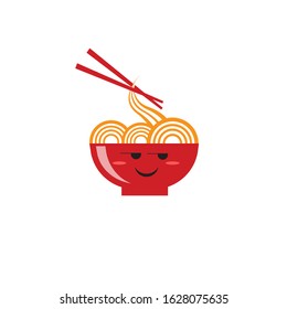 vector graphic of cute ramen cartoon with weird expression,  ramen restaurant mascot, japanese restaurant mascot