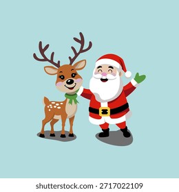 Vektorgrafik eines süßen Weihnachtsmanns und Rentiers mit lächelnden Ausdrücken. Dieser Vektor ist perfekt für Vorlagen, Banner, Aufkleber, Dekorationen, T-Shirt-Designs und Ausweise, unter anderem.